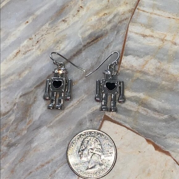 Cute Robot Small Earrings Silver Movable Arms - Picture 2 of 3